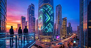 Vue futuriste de nuit. Trois personnes sur un balcon lumineux observent une ville avec gratte-ciel, écran numérique "Project Omega" et autoroutes.
