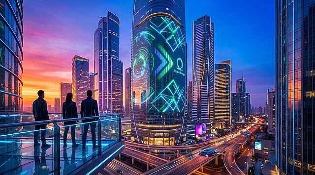 Vision futuriste : Mégalopole numérique au crépuscule Vue futuriste de nuit. Trois personnes sur un balcon lumineux observent une ville avec gratte-ciel, écran numérique "Project Omega" et autoroutes.