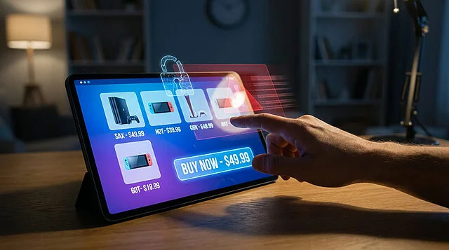 Une main touche une tablette affichant des consoles à prix cassés. Des symboles d'alerte et de cadenas brisé indiquent une arnaque en ligne.