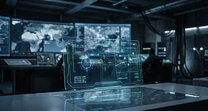 Affichage holographique avec données tactiques dans un centre de contrôle sombre et futuriste, avec écrans de cartes en fond.