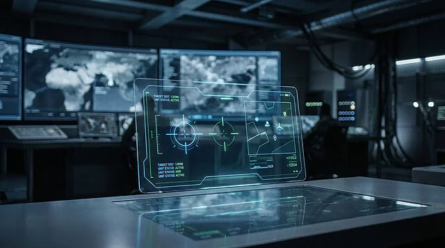 Interface de guerre gamifiée dans un centre de contrôle Affichage holographique avec données tactiques dans un centre de contrôle sombre et futuriste, avec écrans de cartes en fond.