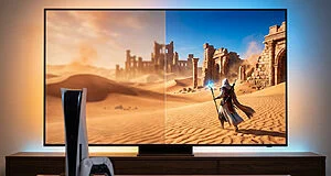Écran TV affichant une scène de jeu désertique scindée: gauche floue, droite nette avec un mage. Console PS5 en avant-plan.