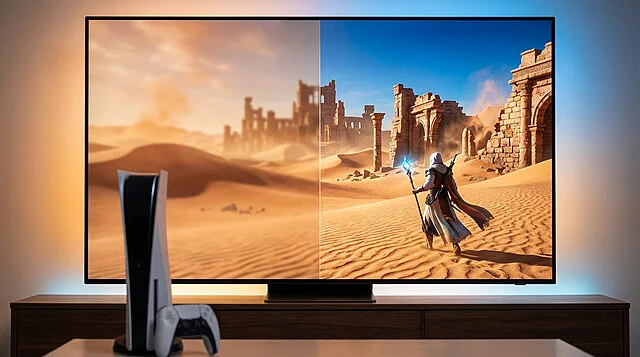 Crimson Desert PS5 Pro : Résolution Image Claire vs Floue Écran TV affichant une scène de jeu désertique scindée: gauche floue, droite nette avec un mage. Console PS5 en avant-plan.