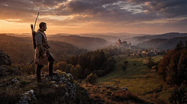 Kingdom Come 2 : Guerrier médiéval et château au crépuscule Guerrier médiéval avec arc sur une crête rocheuse. Il regarde un château, un village et des collines boisées au coucher du soleil.