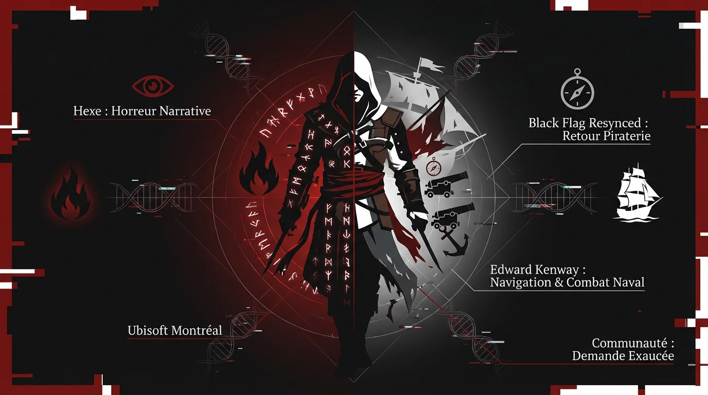Artworks officiels des projets Assassin's Creed Hexe et Black Flag Resynced montrant l'ambiance sombre et maritime