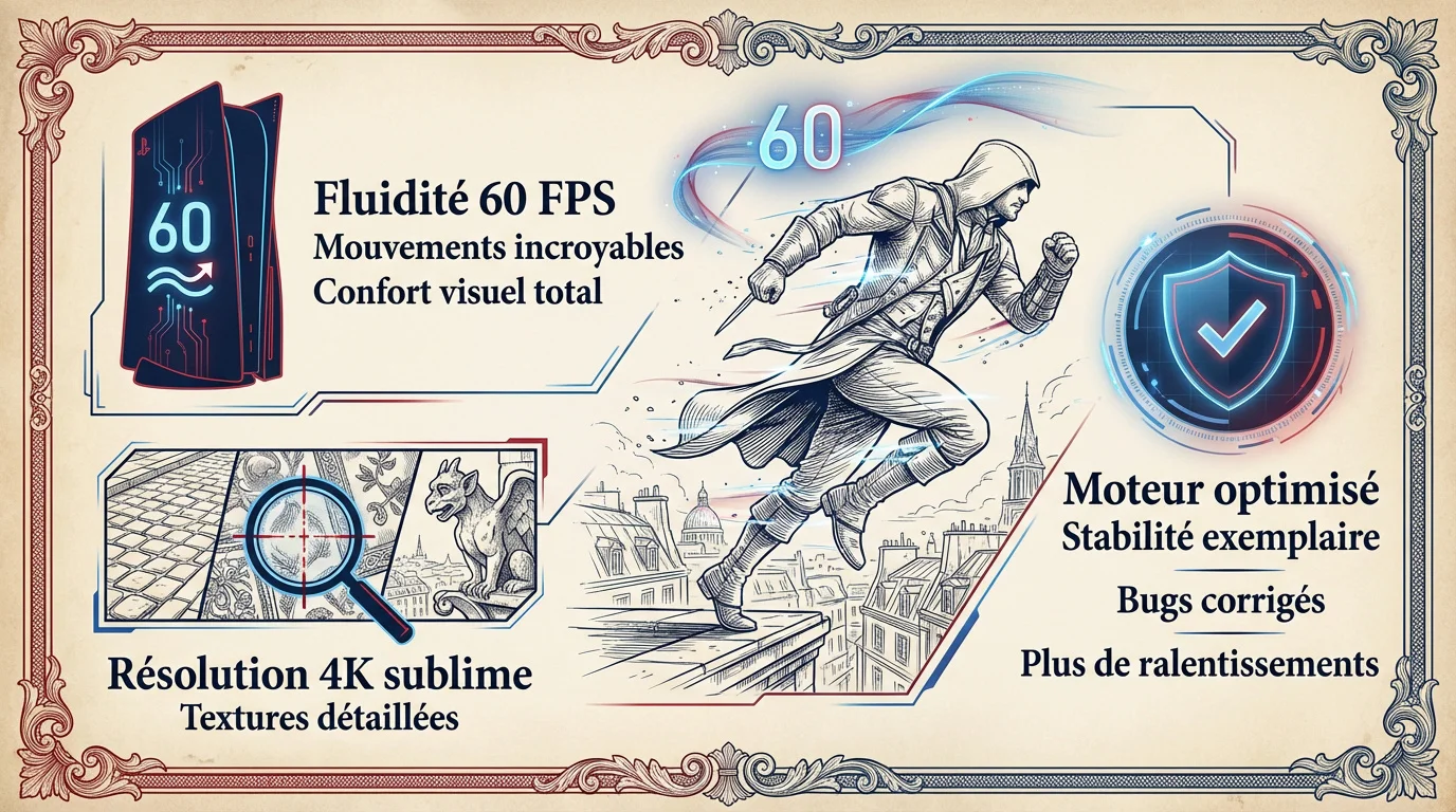 Assassin's Creed Unity en 60 FPS sur consoles next-gen montrant Arno surplombant Paris
