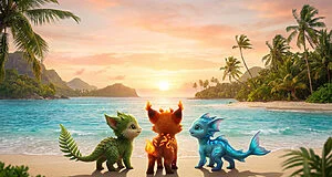 Trois créatures mignonnes, un vert (Plante), un orange (Feu) et un bleu (Eau), sur une plage paradisiaque au coucher du soleil.