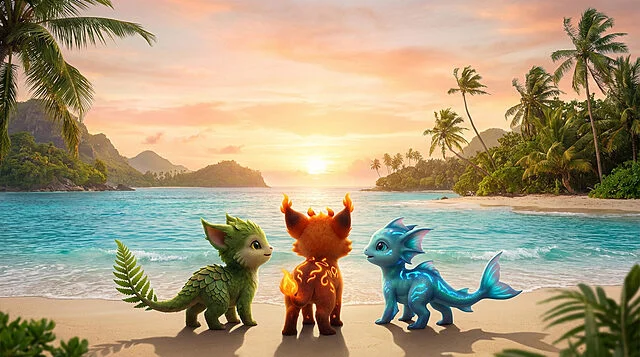 Pokémon G10: Starters Vents et Vagues sur la plage Trois créatures mignonnes, un vert (Plante), un orange (Feu) et un bleu (Eau), sur une plage paradisiaque au coucher du soleil.
