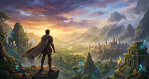 Vue épique d'un aventurier sur un monde JRPG. Un homme en cape regarde un château, des temples anciens, une vallée luxuriante et des montagnes brumeuses.