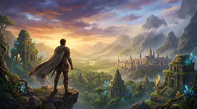 Vue épique d'un aventurier sur un monde JRPG. Un homme en cape regarde un château, des temples anciens, une vallée luxuriante et des montagnes brumeuses.