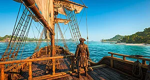 Un pirate de dos sur un navire, observant des îles tropicales avec plages de sable et mer turquoise sous un ciel clair.
