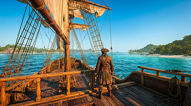 Remake Black Flag : Un pirate contemple les Caraïbes Un pirate de dos sur un navire, observant des îles tropicales avec plages de sable et mer turquoise sous un ciel clair.
