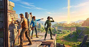 Trois héros de Fortnite Sauver le monde construisent et explorent un paysage post-apocalyptique avec un rayon lumineux.