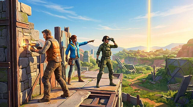 Fortnite Sauver le monde : Équipe en action Trois héros de Fortnite Sauver le monde construisent et explorent un paysage post-apocalyptique avec un rayon lumineux.