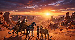 Scène de désert avec aventuriers et leurs montures : griffon, cheval blindé et lionne, sous un coucher de soleil épique.
