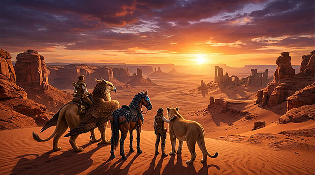 Nouvelles montures épiques du Désert Cramoisi Scène de désert avec aventuriers et leurs montures : griffon, cheval blindé et lionne, sous un coucher de soleil épique.