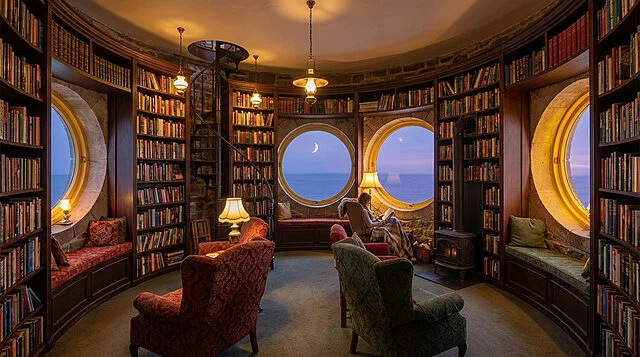 Bibliothèque cosy de Novel Haven avec vue sur mer Bibliothèque circulaire cosy avec étagères de livres, fenêtres rondes sur l'océan, lune. Une personne lit près d'une cheminée.