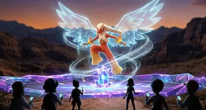 Braségali téractristallisé avec ailes lumineuses flottant au-dessus d'un cristal géant, face à des Dresseurs avec smartphones.