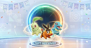 Image promotionnelle Pokémon Home montrant Chikorita, Tepig, Totodile devant un portail. Bannière '30', texte 'GIFT RECEIVED'.