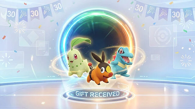 Pokémon Home : Trois Pokémon Alpha offerts Image promotionnelle Pokémon Home montrant Chikorita, Tepig, Totodile devant un portail. Bannière '30', texte 'GIFT RECEIVED'.