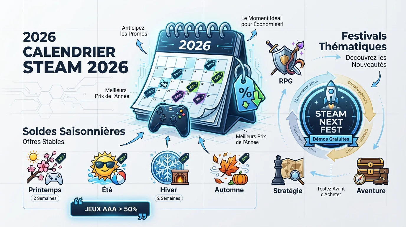Calendrier officiel des soldes et festivals Steam pour l'année 2026