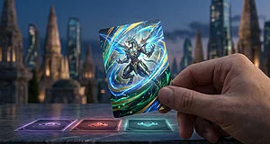 Main tenant une carte de jeu d'un dragon Méga-Évolution. Trois cartes lumineuses sur une table, ville fantastique en fond.