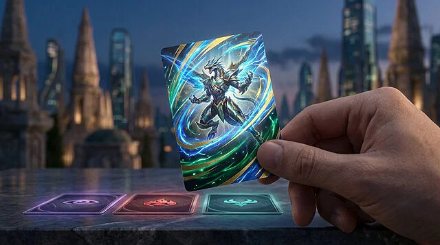 Méga-Évolution en jeu : Pokémon Perfect Order dévoile Main tenant une carte de jeu d'un dragon Méga-Évolution. Trois cartes lumineuses sur une table, ville fantastique en fond.