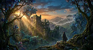Une vue imprenable sur un château médiéval en ruine dans une forêt luxuriante et magique. Un aventurier observe le paysage au lever du soleil.