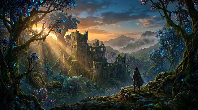 Une vue imprenable sur un château médiéval en ruine dans une forêt luxuriante et magique. Un aventurier observe le paysage au lever du soleil.