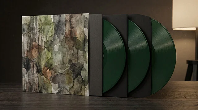 Vinyle Last of Us Édition Triple Deluxe Mondo 2026 Édition triple vinyle deluxe The Last of Us par Mondo. Boîtier aquarelle et trois vinyles verts foncés.