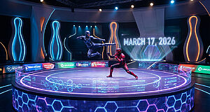 Deux combattants futuristes, un rouge et un bleu, s'affrontent dans une arène e-sport lumineuse avec des néons et un affichage de la date.