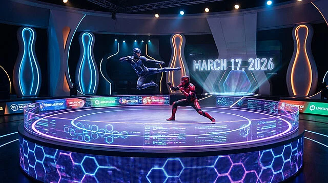 Confrontation Tekken futuriste dans une arène lumineuse Deux combattants futuristes, un rouge et un bleu, s'affrontent dans une arène e-sport lumineuse avec des néons et un affichage de la date.