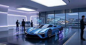 Un concept car bleu futuriste est exposé dans un showroom high-tech, avec des écrans holographiques et des designers. Vue sur une ville moderne.