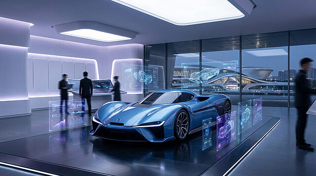 Design automobile futuriste : l'ère Gran Turismo 8 Un concept car bleu futuriste est exposé dans un showroom high-tech, avec des écrans holographiques et des designers. Vue sur une ville moderne.