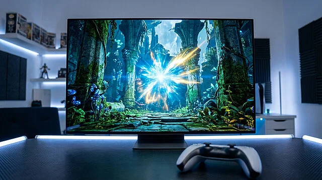 Crimson Desert PS5 : Image Nette et Ambiance Gaming Écran affichant Crimson Desert sur PS5 avec une explosion lumineuse. Une manette DualSense blanche et noire est posée sur un bureau éclairé.