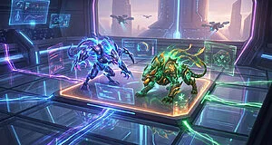 Créatures futuristes bleue et verte en confrontation stratégique. Scène high-tech avec écrans holographiques, ville futuriste en arrière-plan.