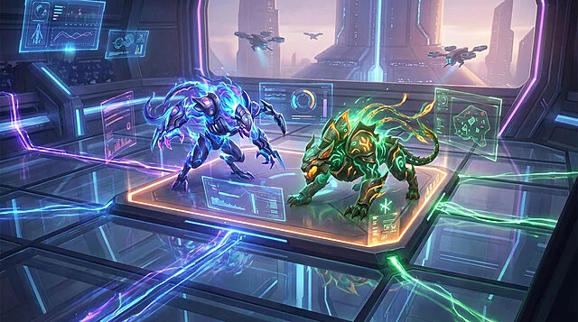 Duel stratégique futuriste des Champions 2026 Créatures futuristes bleue et verte en confrontation stratégique. Scène high-tech avec écrans holographiques, ville futuriste en arrière-plan.