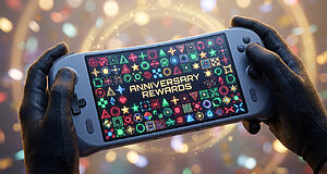 Deux mains gantées noires tiennent une console portable grise. L'écran affiche "ANNIVERSARY REWARDS" au milieu de symboles lumineux colorés.