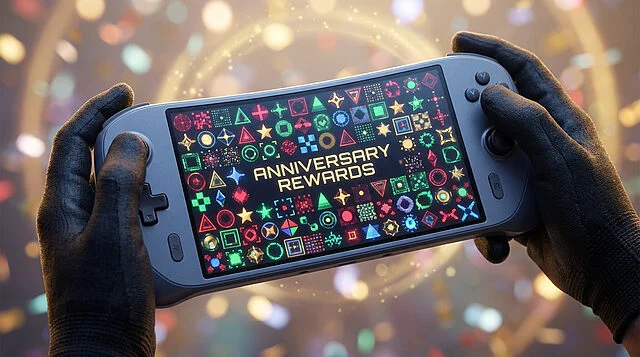 Récompenses Anniversaire Gaming Scintillantes Deux mains gantées noires tiennent une console portable grise. L'écran affiche "ANNIVERSARY REWARDS" au milieu de symboles lumineux colorés.