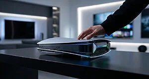 Main touchant la console Xbox Helix, futur hybride, avec lumières bleues et vertes, sur une table sombre dans un salon moderne.
