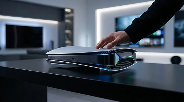 Xbox Helix : l'avenir de l'hybride console-PC Main touchant la console Xbox Helix, futur hybride, avec lumières bleues et vertes, sur une table sombre dans un salon moderne.
