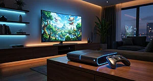 Une console de jeu sombre avec des LED bleues et une manette sur une table, devant une grande TV affichant un jeu dans un salon moderne.