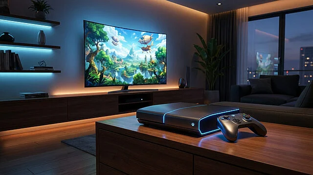 Steam Machine 2026 : Expérience de jeu immersive Une console de jeu sombre avec des LED bleues et une manette sur une table, devant une grande TV affichant un jeu dans un salon moderne.