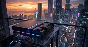 Mains gantées tenant une manette lumineuse à côté de la console Project Helix, face à une ville futuriste éclairée au crépuscule.