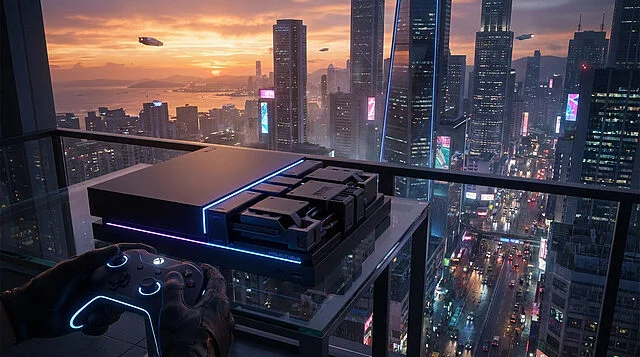 Mains gantées tenant une manette lumineuse à côté de la console Project Helix, face à une ville futuriste éclairée au crépuscule.