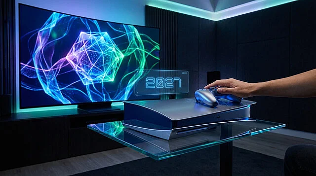 Concept futuriste PS6 : L'année 2027 en vue Console de jeu futuriste sur table en verre, manette, écran TV incurvé et affichage holographique « 2027 » dans un salon éclairé au néon.