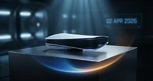 Console PlayStation 5 blanche et noire posée sur un socle design, avec la date "02 APR 2026" affichée en arrière-plan sombre.