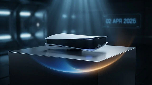 PS5 : Date de l'augmentation des prix (02 AVR 2026) Console PlayStation 5 blanche et noire posée sur un socle design, avec la date "02 APR 2026" affichée en arrière-plan sombre.