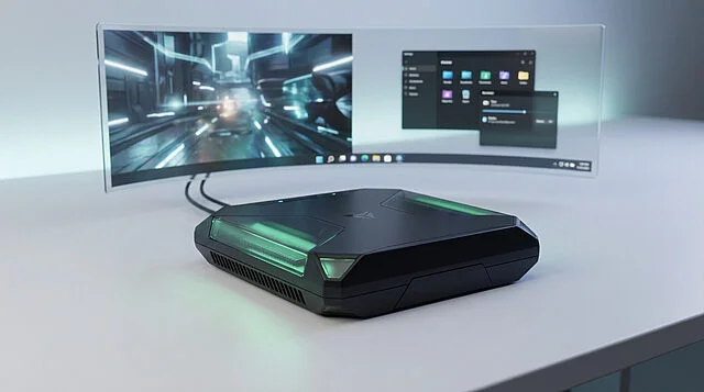 Xbox Project Helix : la fusion console-PC du futur Console/PC hybride noire, style Project Helix, avec éclairage vert, connectée à un écran incurvé transparent montrant jeu et bureau Windows.