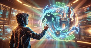 Jeune en hoodie interagit avec un portail holographique de jeux vidéo: château, monstre, créature, manette, clavier lumineux.